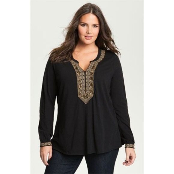 Lucky Brand Tunic Black Gold Beaded Embroidered Size S Cotton India - Picture 4 of 12